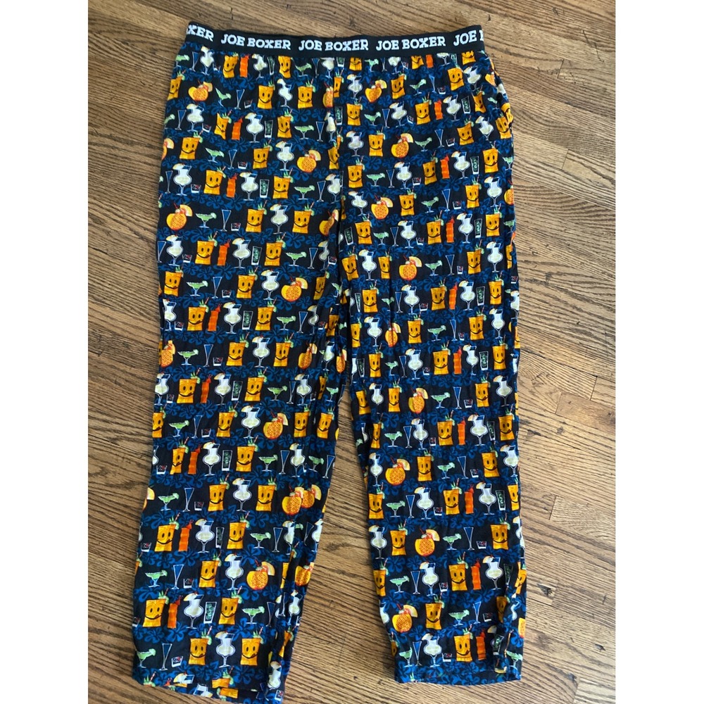 Joe Boxer Mens XL Tiki Drink Cocktail Print Pajama Lounge Pants Navy Blue Cotton